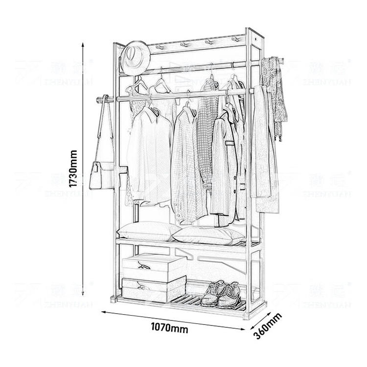 臻远 落地衣帽架家用卧式挂衣架原木色1730*1070*360mm ZY-YMJ-09 1个